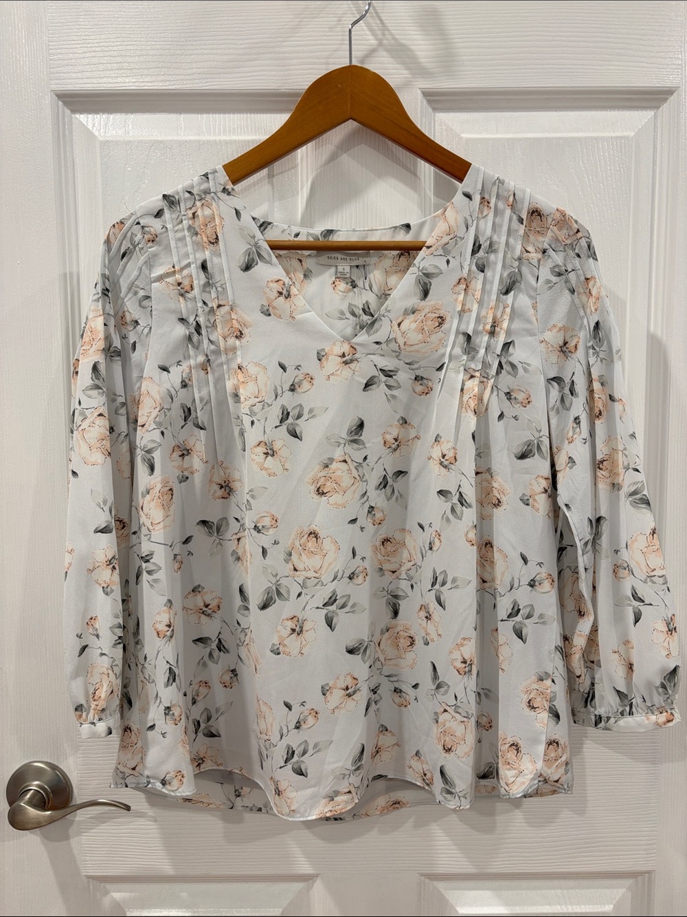 Skies Are Blue Light Pale Blue Blouse with Peach Floral Print